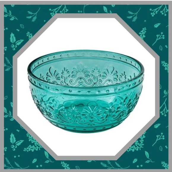 🌺 New Pioneer Woman Cassie Teal Blue Embossed Glass Bowls, Qty 2 - Picture 3 of 5